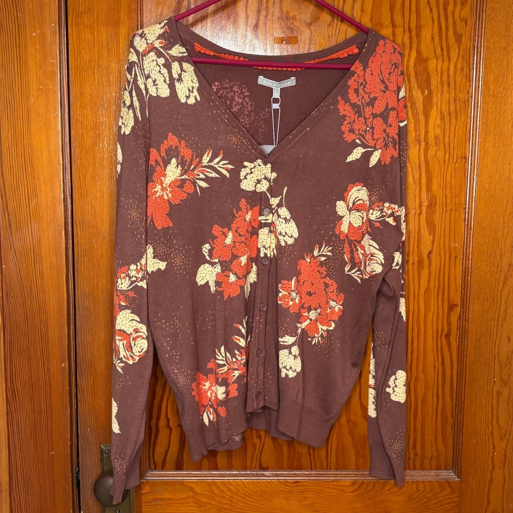 Daniel Rainn Cardigan Women XL Brown NEW Floral V-Neck Button Front Knit Sweater